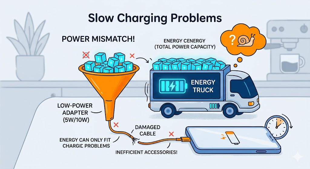 Illustration of slow charging problems: power mismatch, damaged cable, and inefficient accessories.