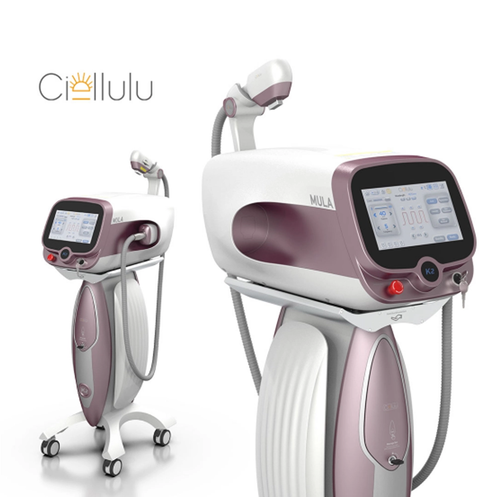 Modern laser beauty equipment; sleek, rose-gold design.