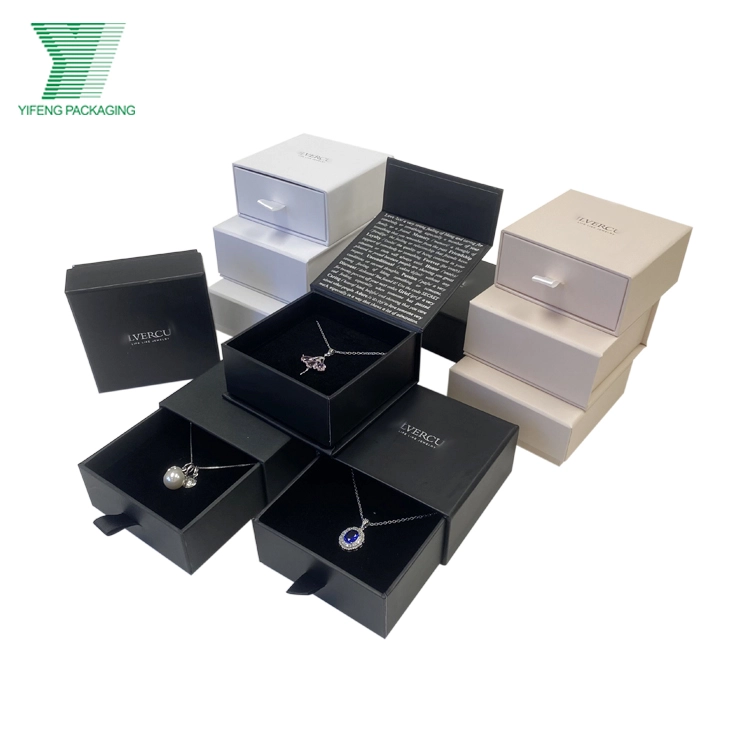 Custom black, white, and beige drawer jewelry boxes with velvet insert. - Yifeng Packaging