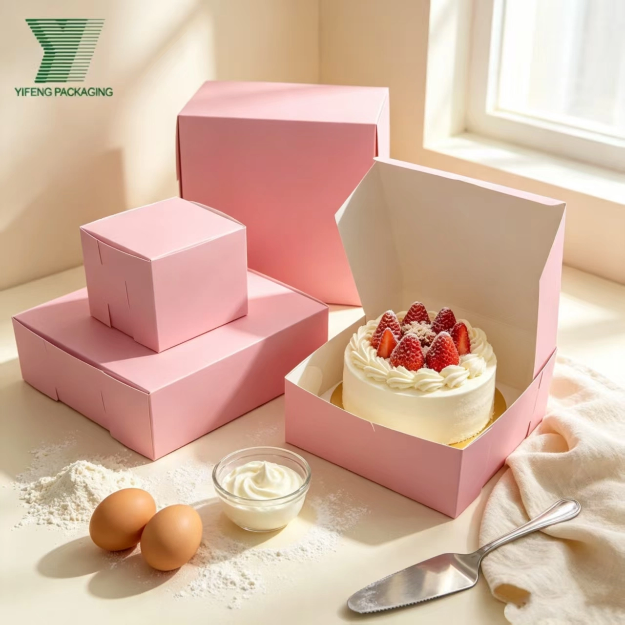 Strawberry cream cake in a pink bakery box with assorted gift boxes. - Yifeng Packaging