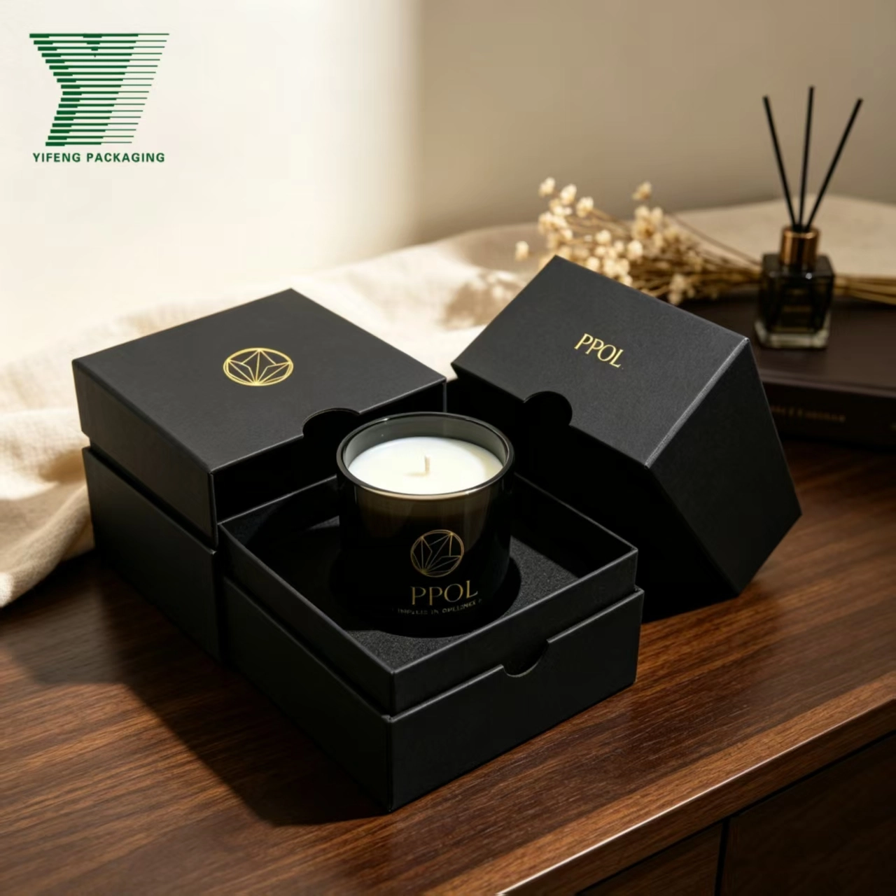Luxury black candle in custom gold-stamped gift boxes - Yifeng Packaging