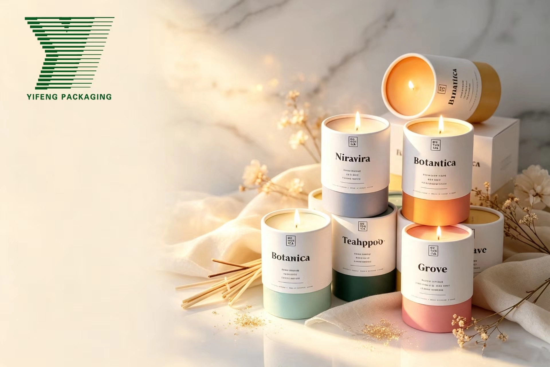 Lit scented candles in elegant cylindrical packaging by Yifeng Packaging. - Yifeng Packaging