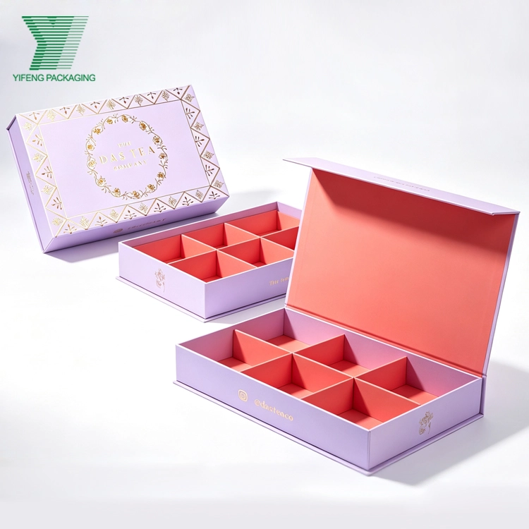 Elegant lavender and gold tea gift boxes with internal dividers. - Yifeng Packaging