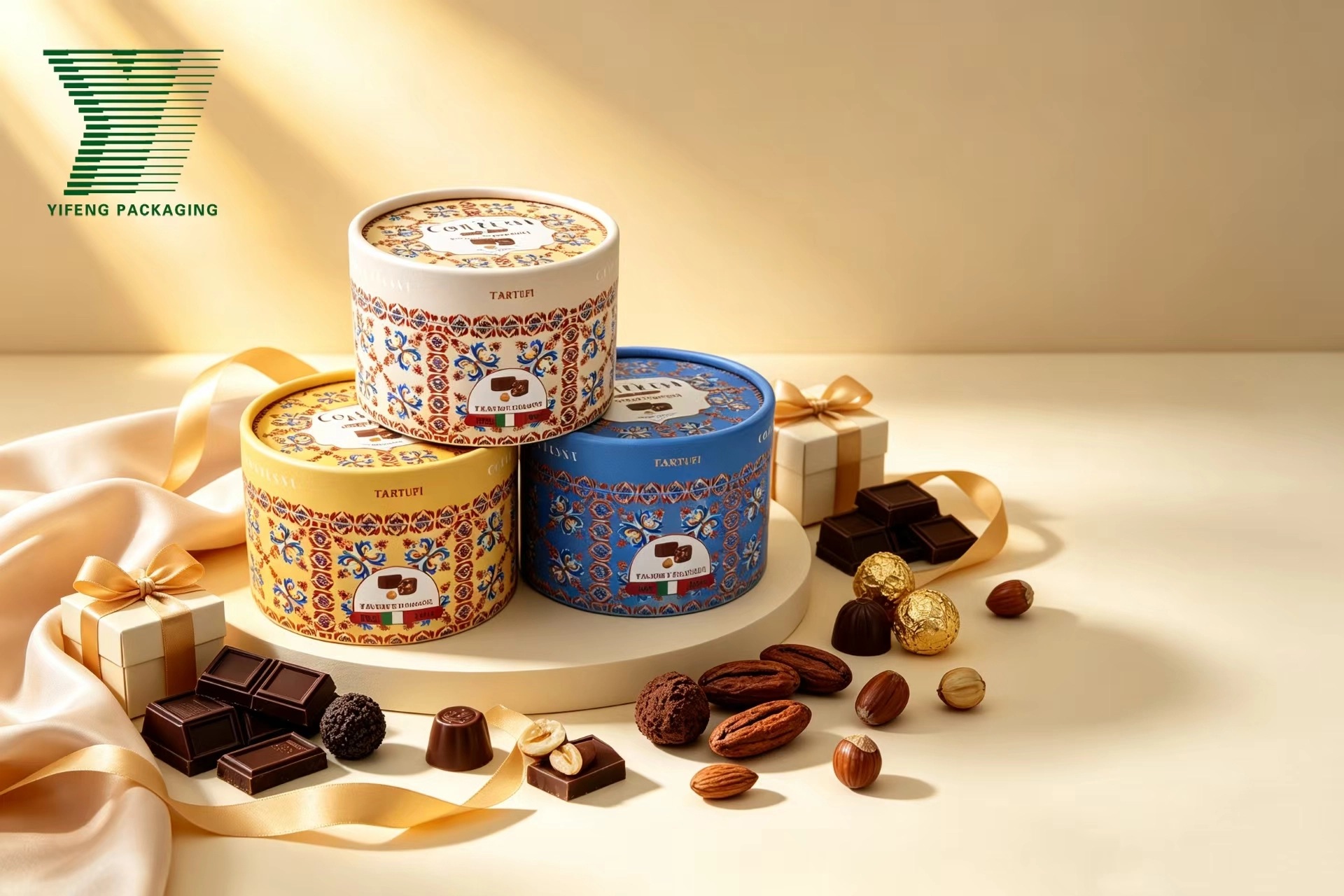Three decorative round chocolate tins with scattered truffles and nuts. - Yifeng Packaging