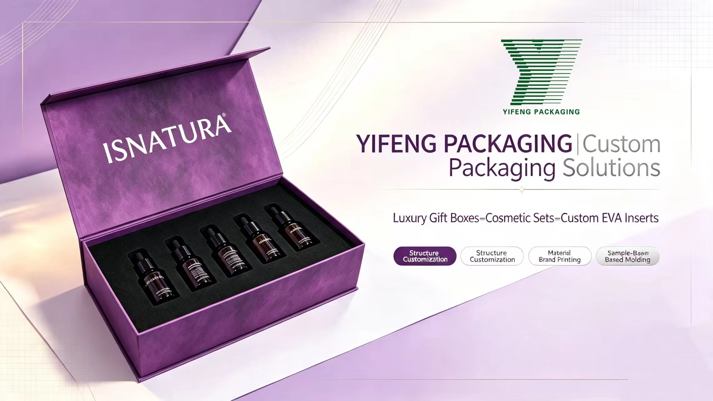 Custom purple cosmetic gift box with foam inserts for essential oil bottles. - Yifeng Packaging