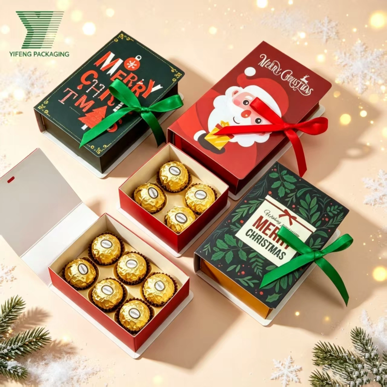 Festive Christmas chocolate gift boxes with ribbons and gold-wrapped truffles. - Yifeng Packaging