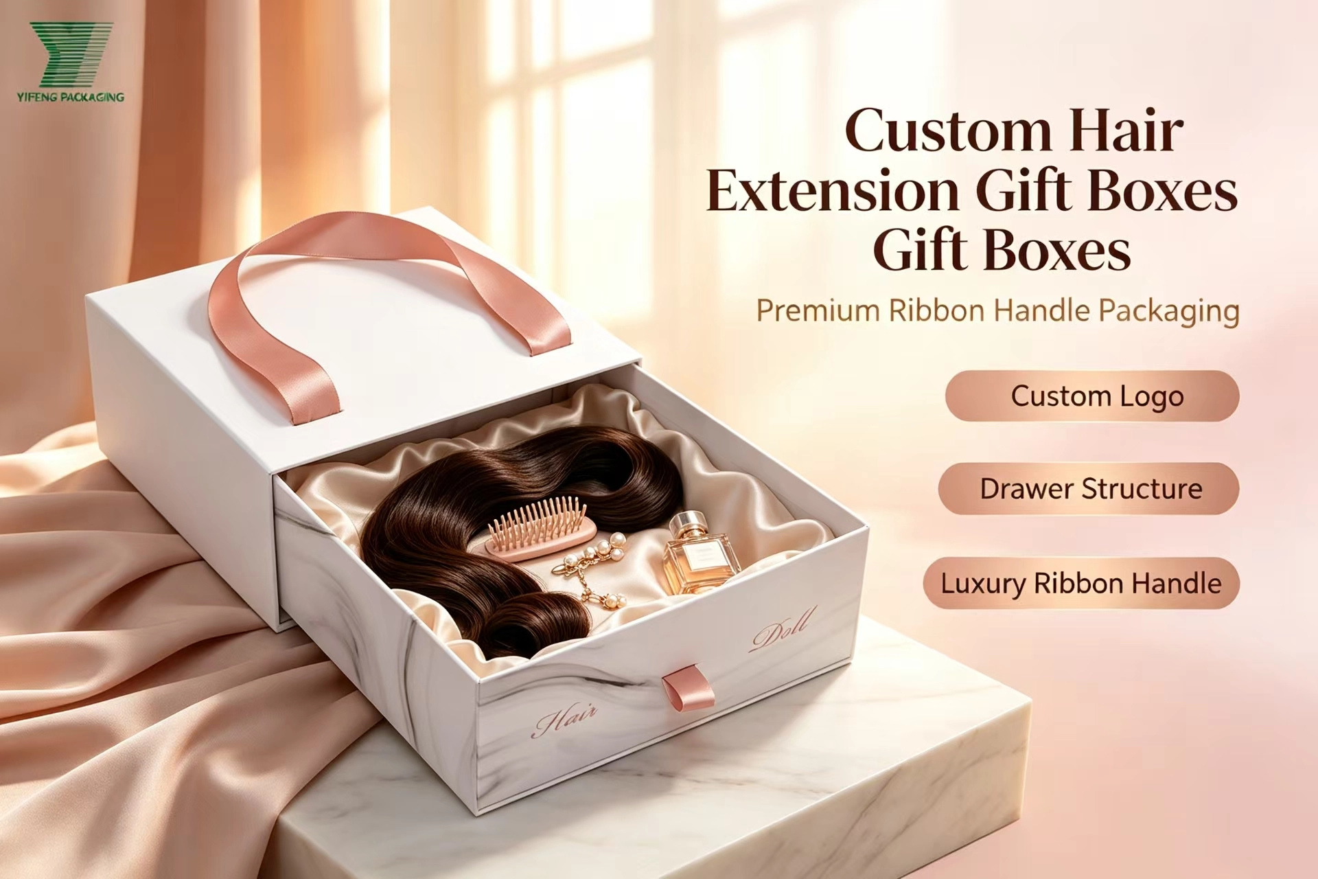 Custom hair extension gift box with drawer structure and pink ribbon handle. - Yifeng Packaging