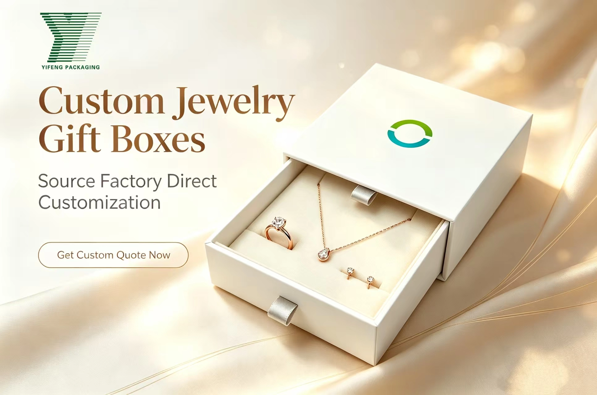 Custom jewelry gift box with a ring, necklace, and earrings on silk fabric. - Yifeng Packaging