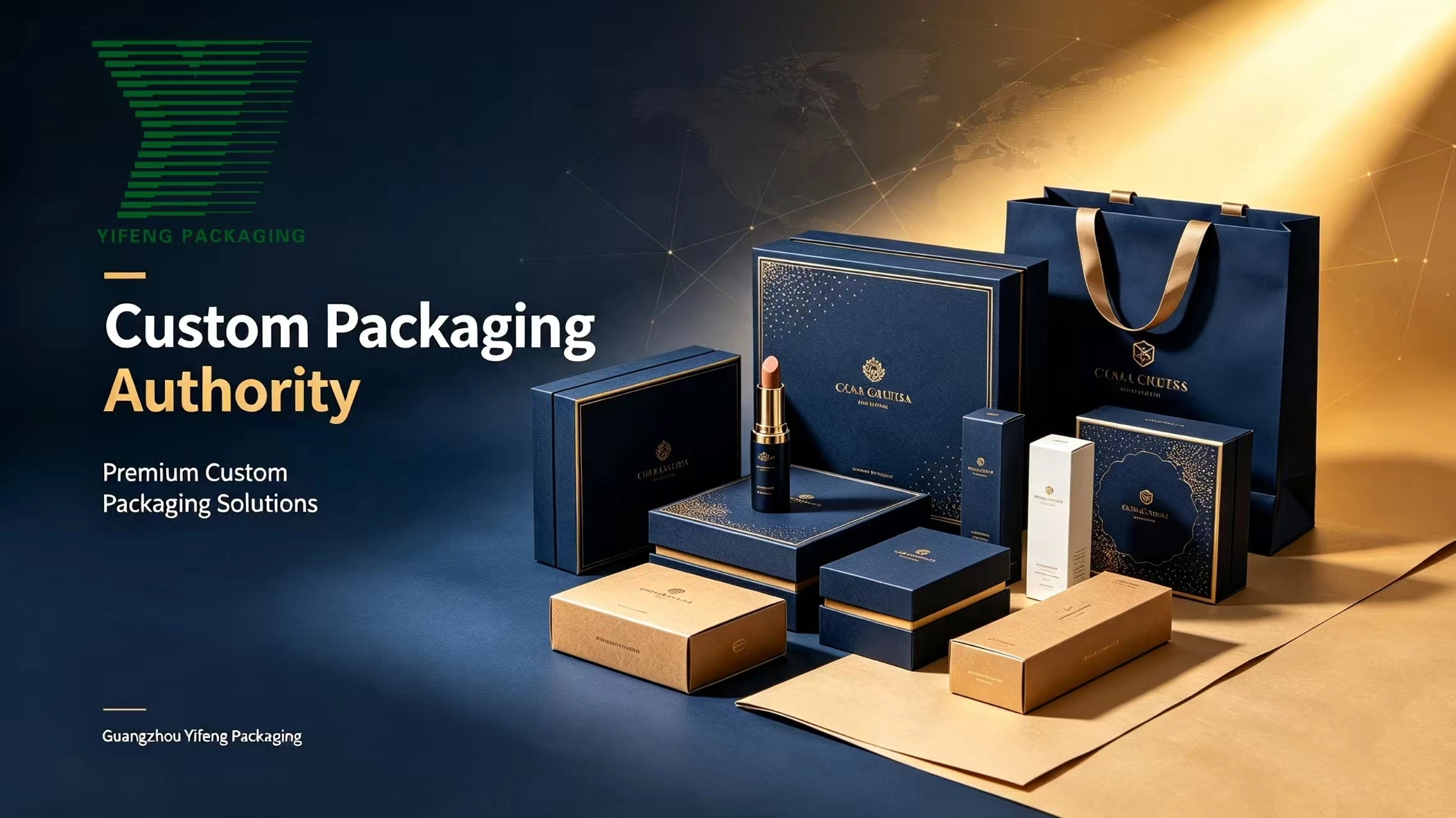 Premium custom blue and gold cosmetic packaging by Yifeng Packaging. - Yifeng Packaging