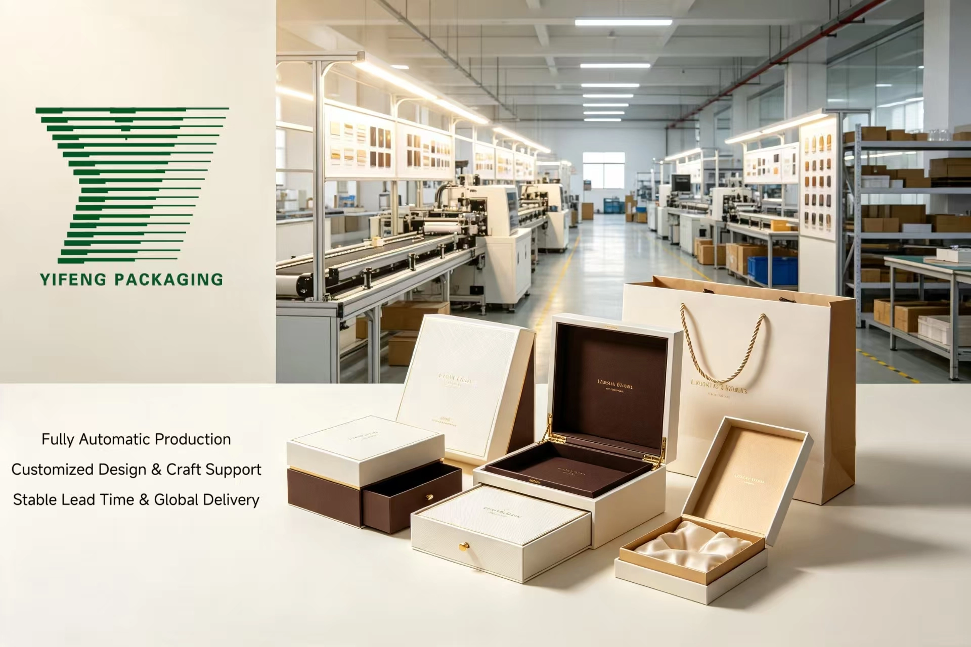 Luxury gift boxes and bags by Yifeng Packaging in a modern factory setting. - Yifeng Packaging