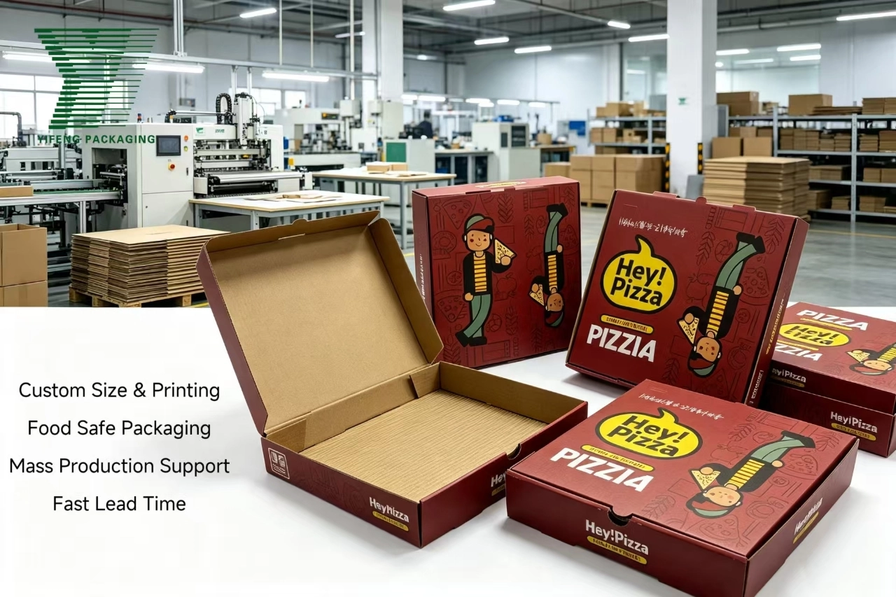 Custom printed pizza boxes displayed in a packaging manufacturing facility. - Yifeng Packaging