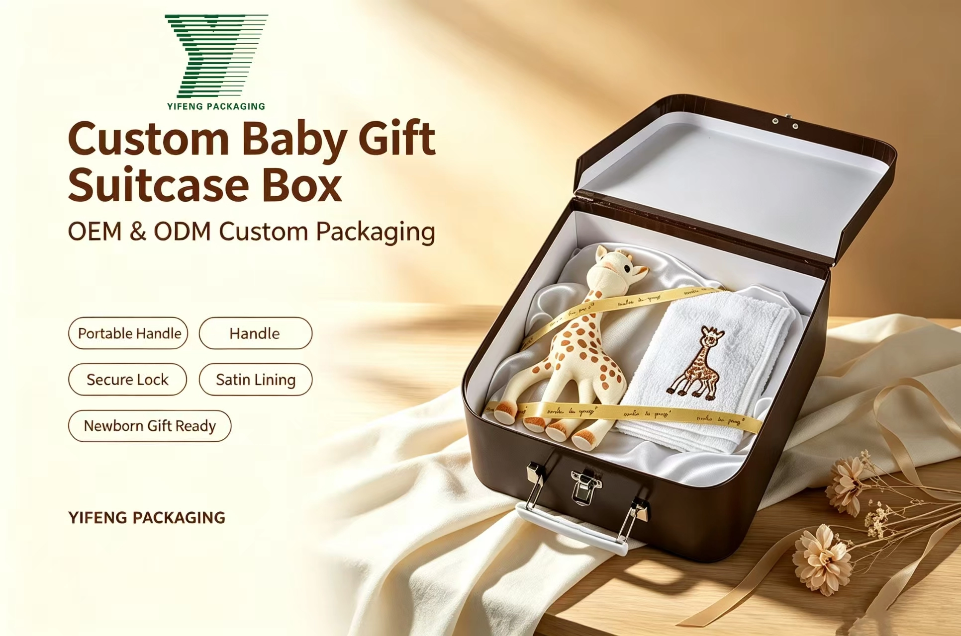 Custom baby gift suitcase box with giraffe plush and towel by Yifeng Packaging. - Yifeng Packaging