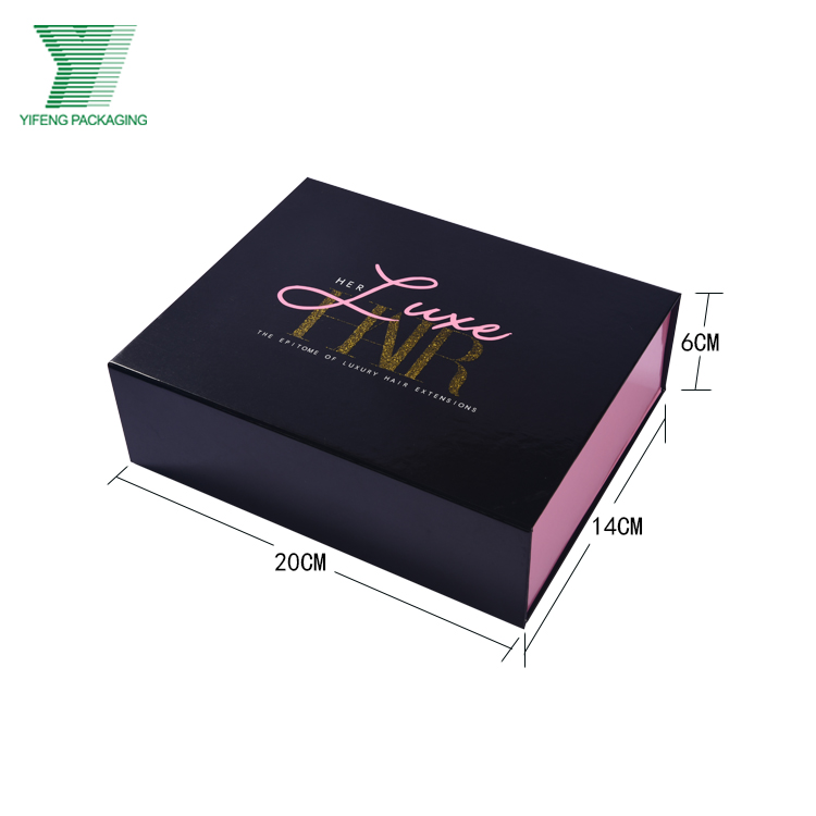 Black and pink luxury hair extension gift box with dimensions 20x14x6cm.