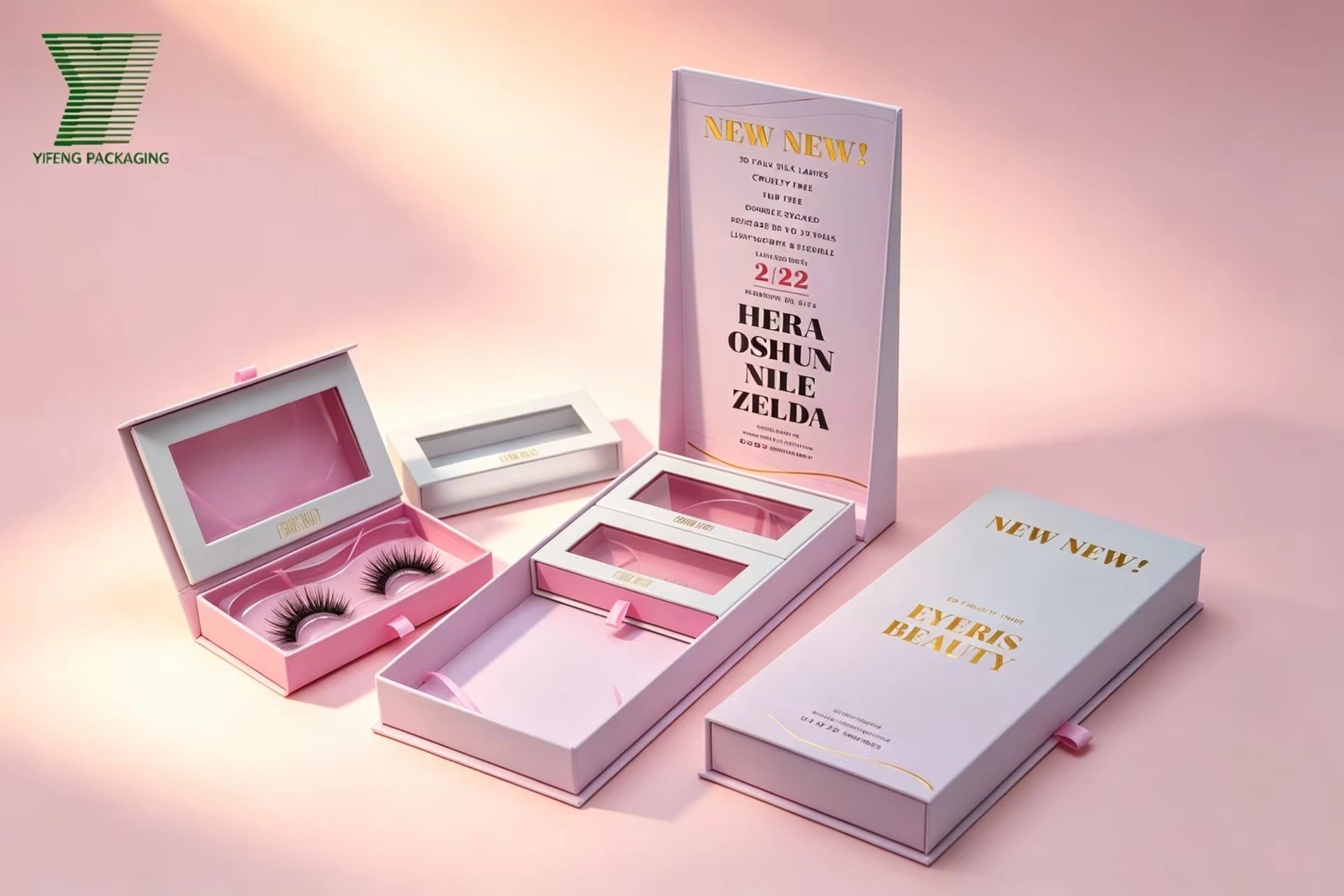 Custom pink and white eyelash packaging boxes for Eyeris Beauty. - Yifeng Packaging