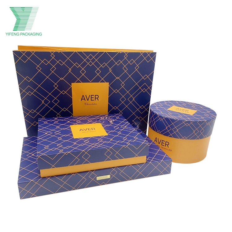Blue and gold Aver chocolate gift boxes and matching shopping bag. - Yifeng Packaging