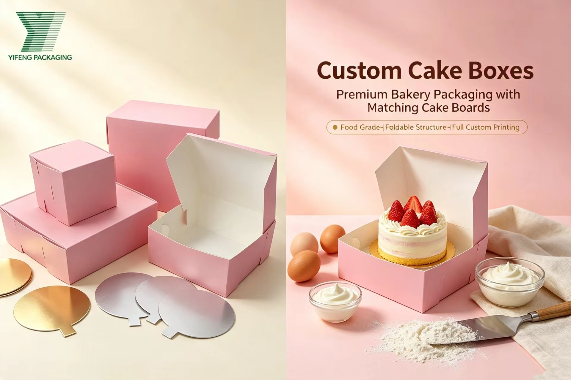 Custom pink cake boxes and matching cake boards for bakery packaging. - Yifeng Packaging