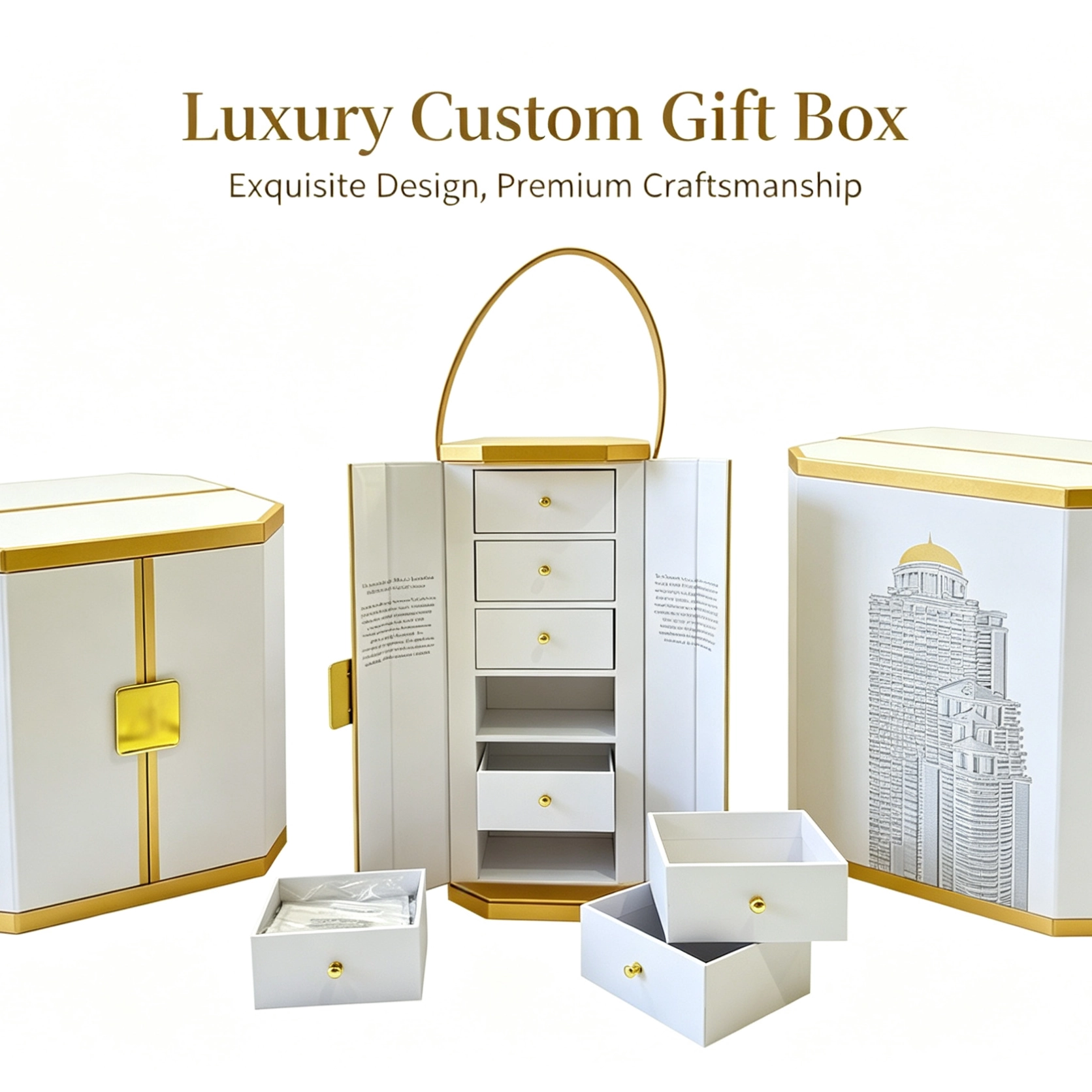 Luxury white and gold custom gift boxes with drawers and handles. - Yifeng Packaging