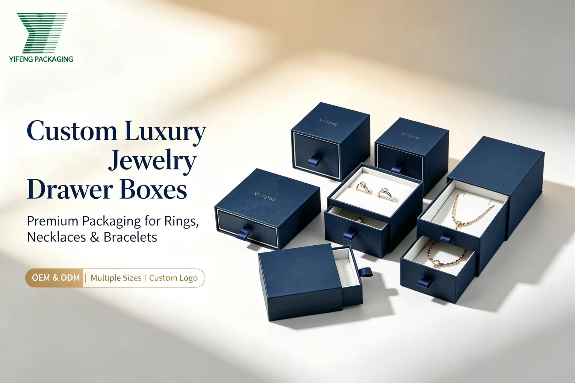 Custom luxury navy blue jewelry drawer boxes for rings and necklaces. - Yifeng Packaging