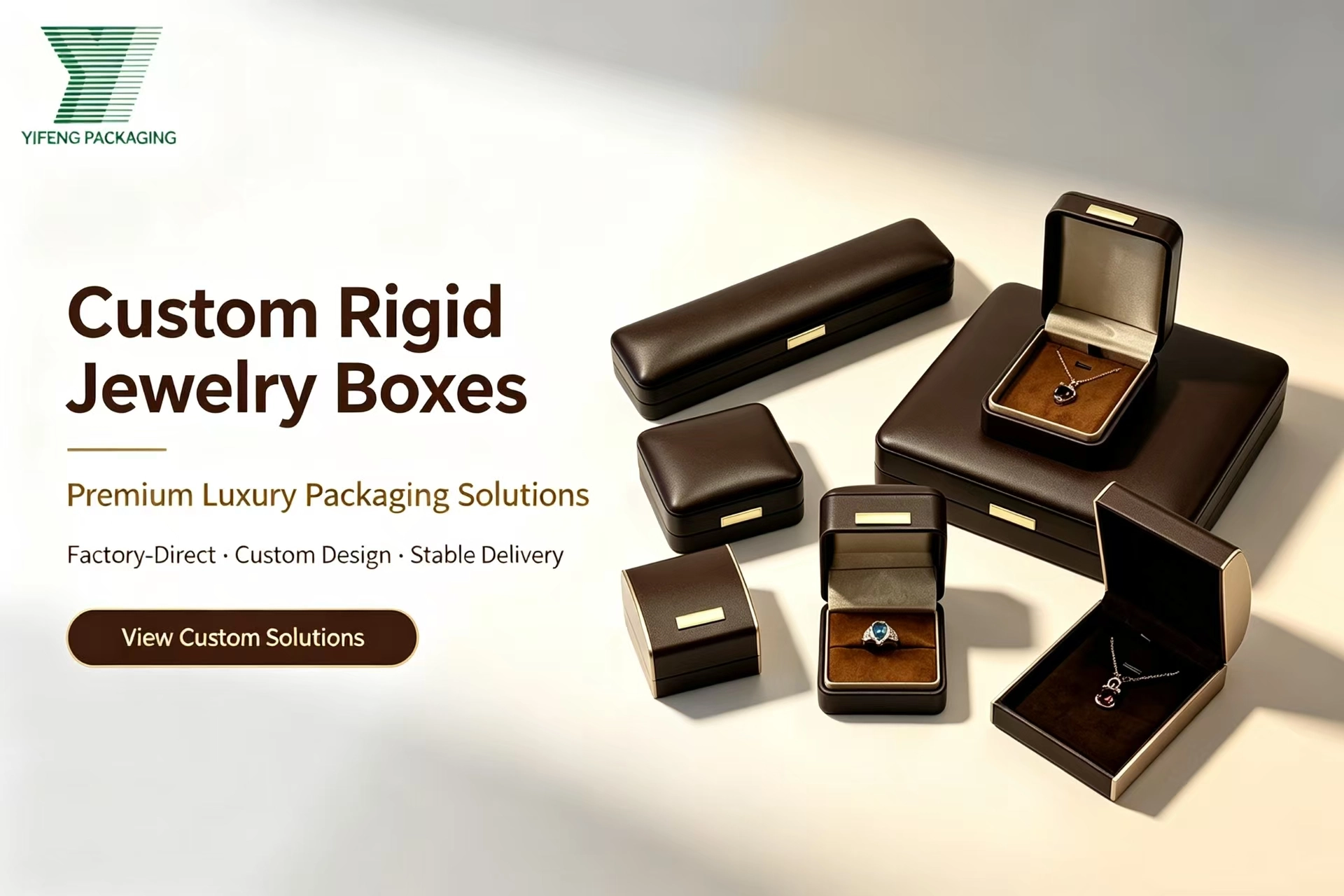 Custom rigid brown leather jewelry boxes for rings and necklaces. - Yifeng Packaging