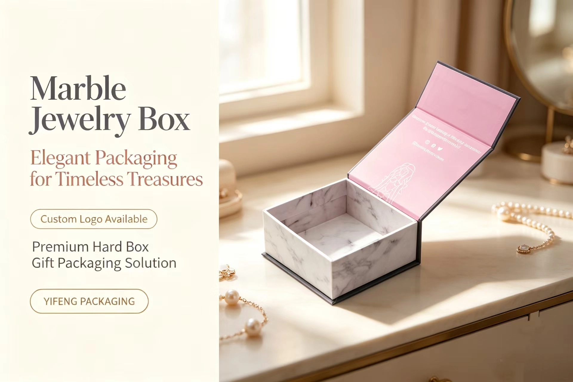 Open marble pattern jewelry gift box with a pink interior on a vanity. - Yifeng Packaging