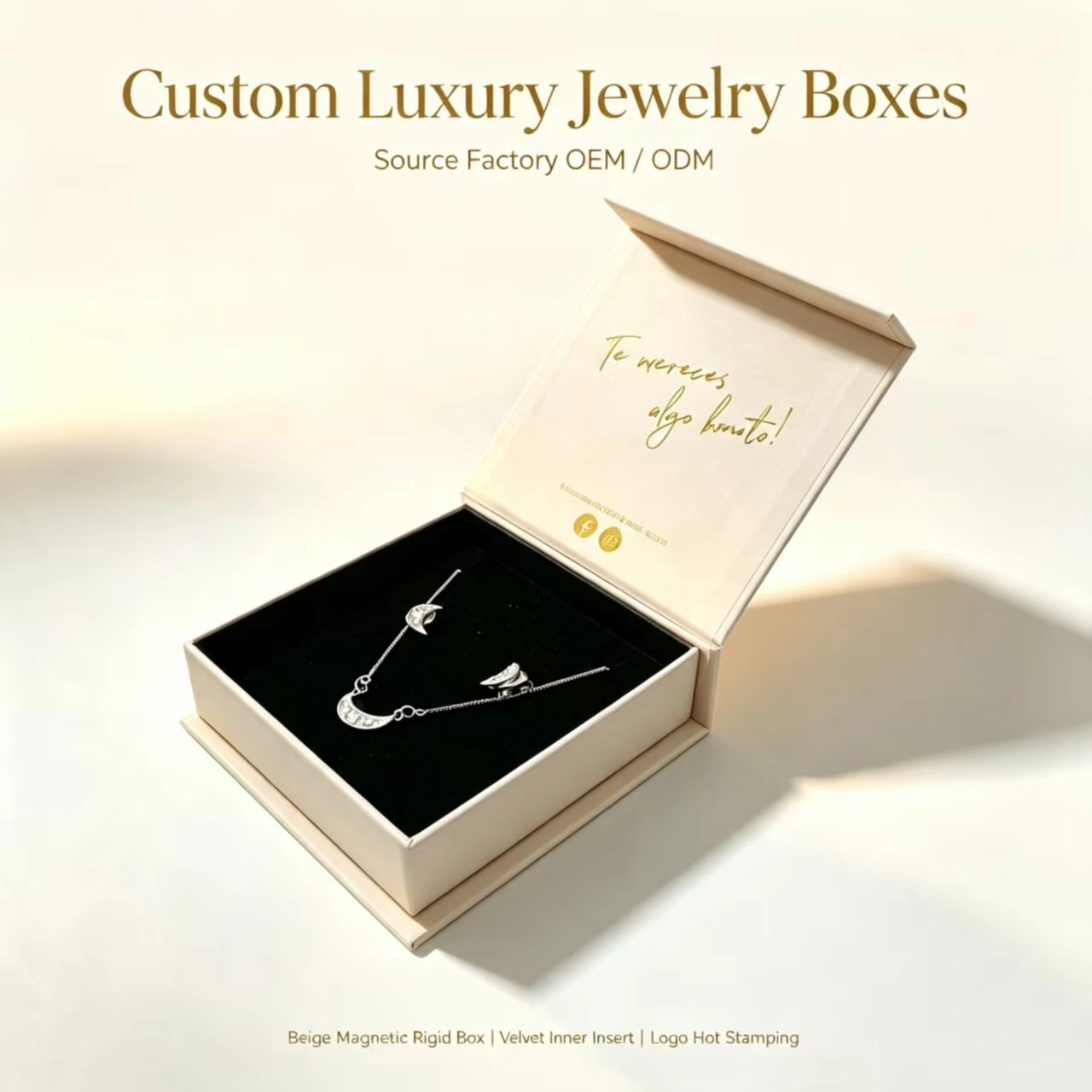 Custom beige magnetic jewelry box with velvet insert and gold hot stamping. - Yifeng Packaging