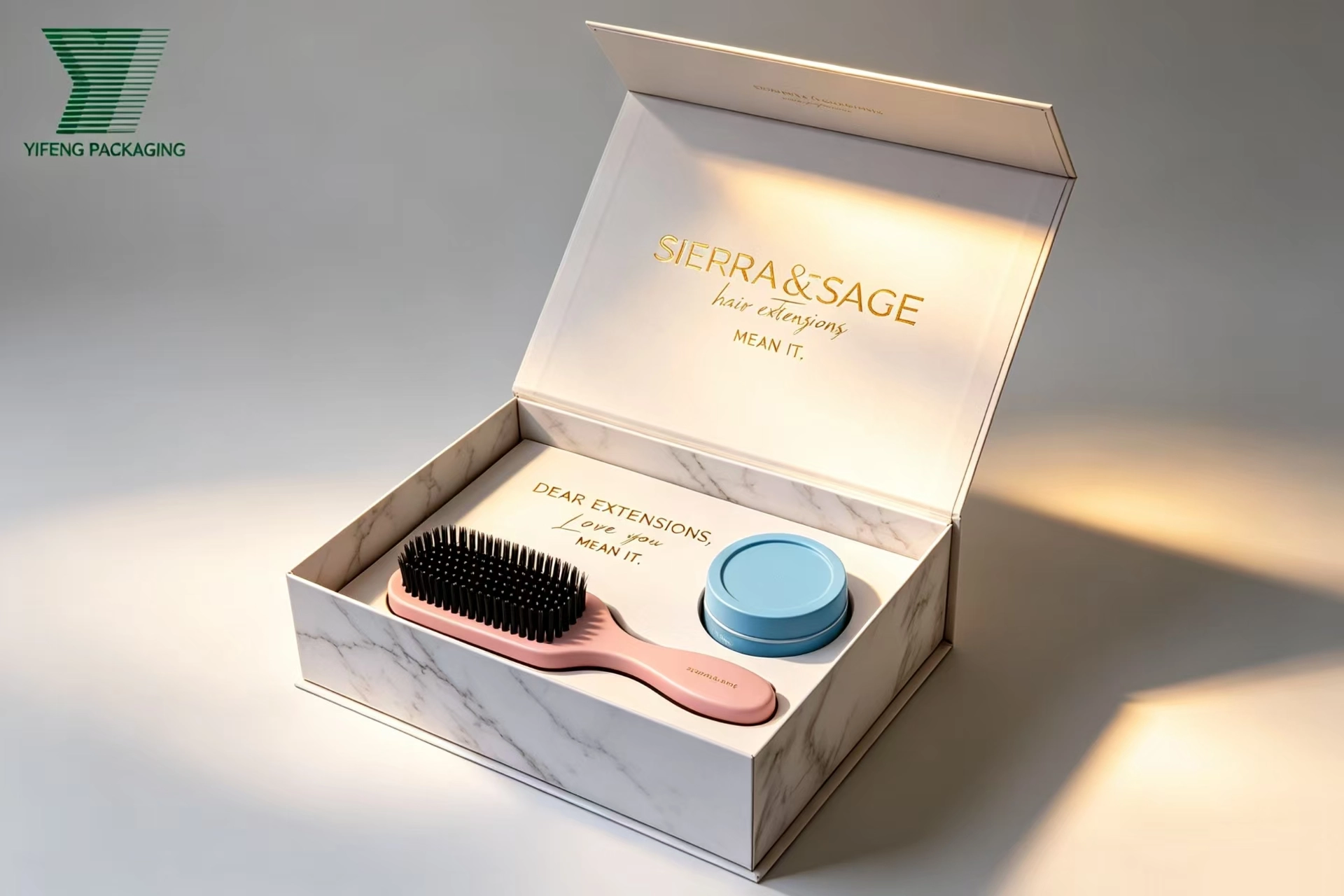 Custom marble-patterned gift box with a pink hairbrush and blue container. - Yifeng Packaging