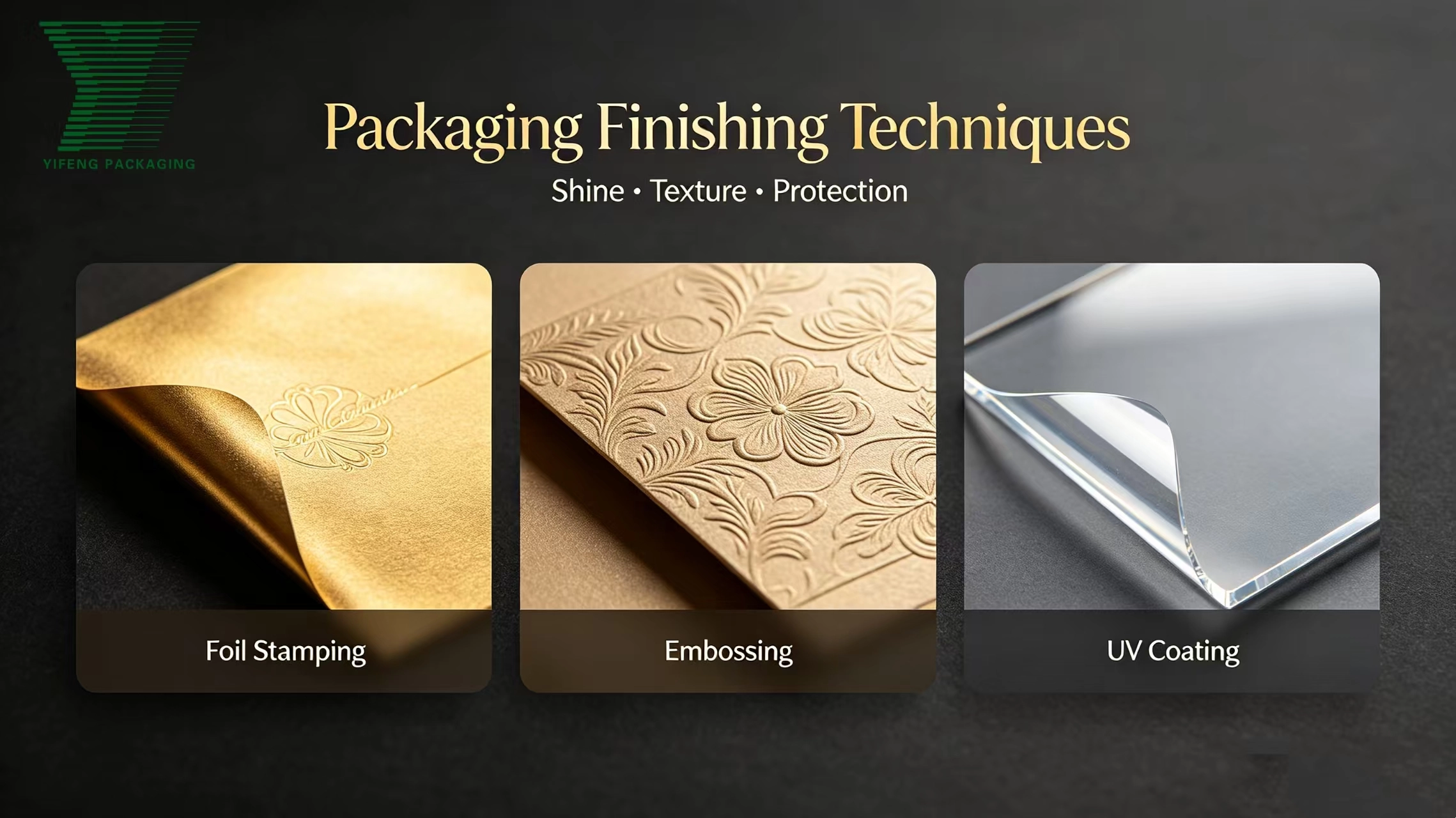 Packaging finishing techniques: foil stamping, embossing, and UV coating. - Yifeng Packaging