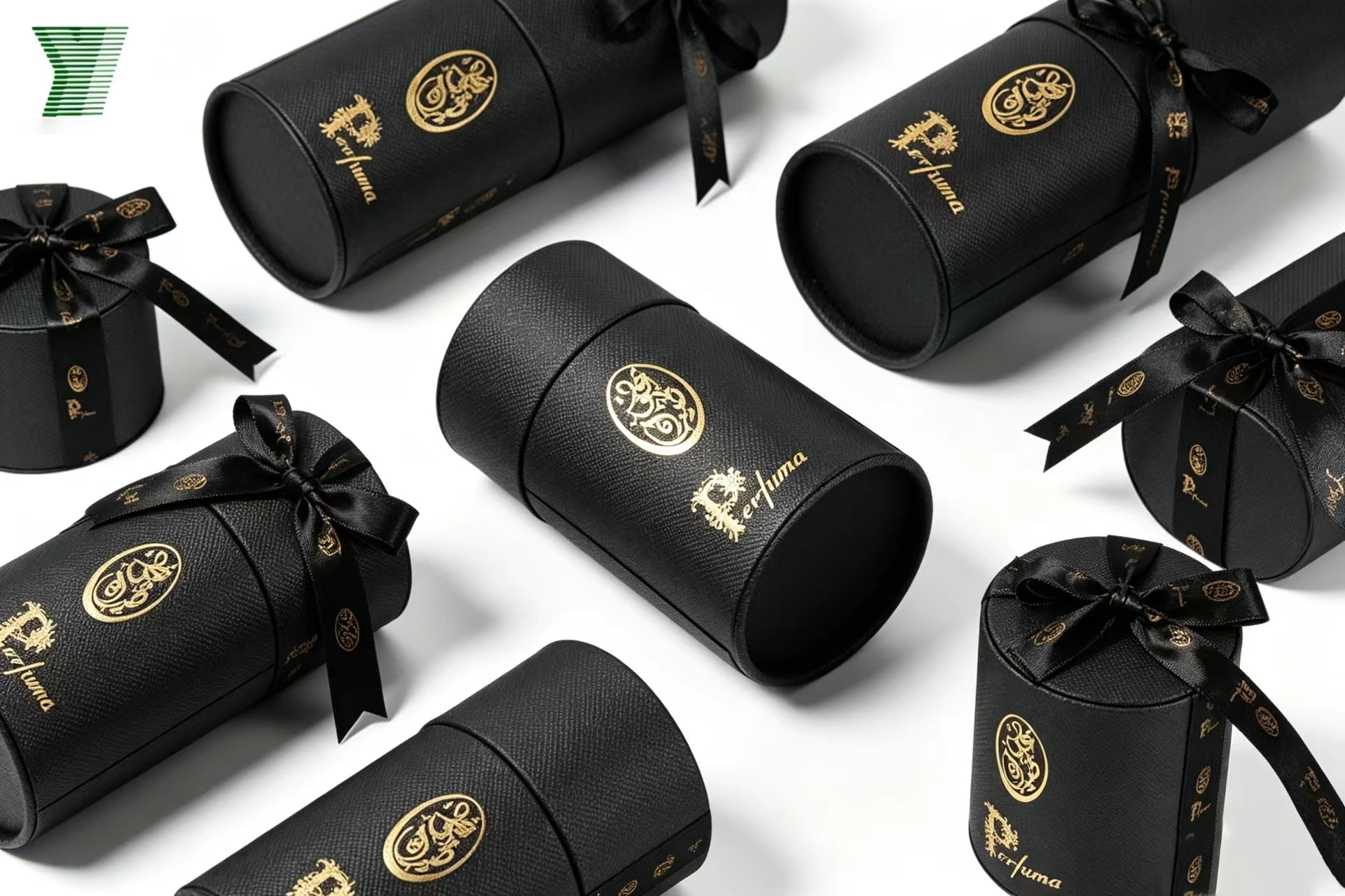 Elegant black and gold cylindrical perfume gift boxes with satin ribbons. - Yifeng Packaging