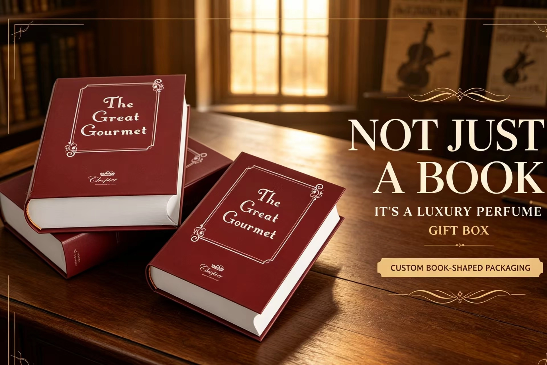 Luxury book-shaped perfume gift boxes on a wooden table in a library. - Yifeng Packaging