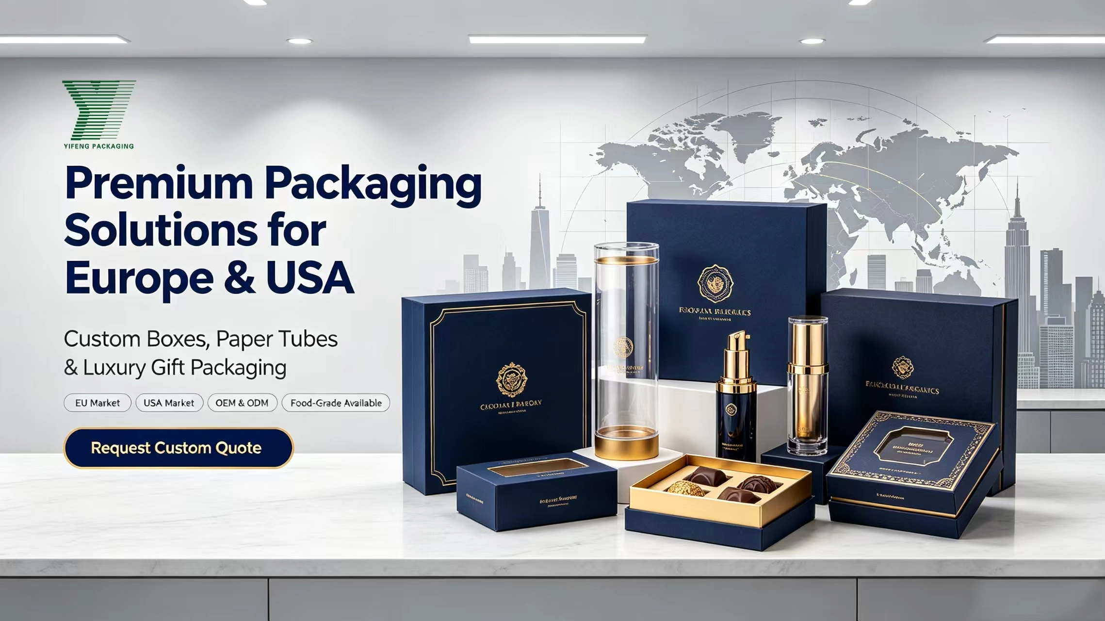 Luxury navy and gold custom packaging boxes for cosmetics and chocolates. - Yifeng Packaging