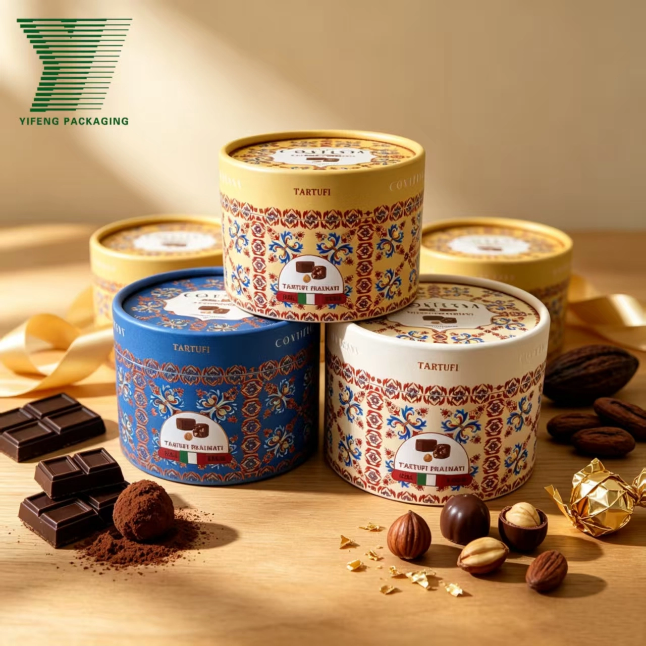 Decorative round chocolate truffle boxes with ornate patterns and loose truffles. - Yifeng Packaging