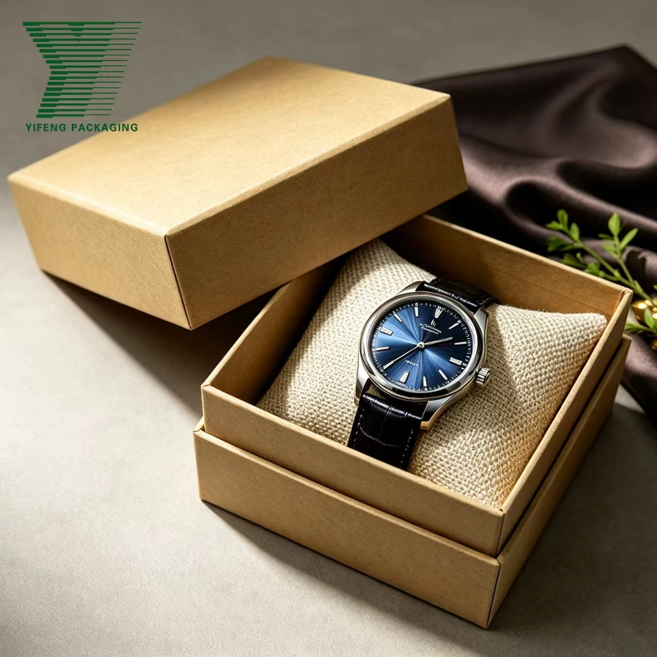 A blue dial watch in a kraft paper gift box by Yifeng Packaging. - Yifeng Packaging