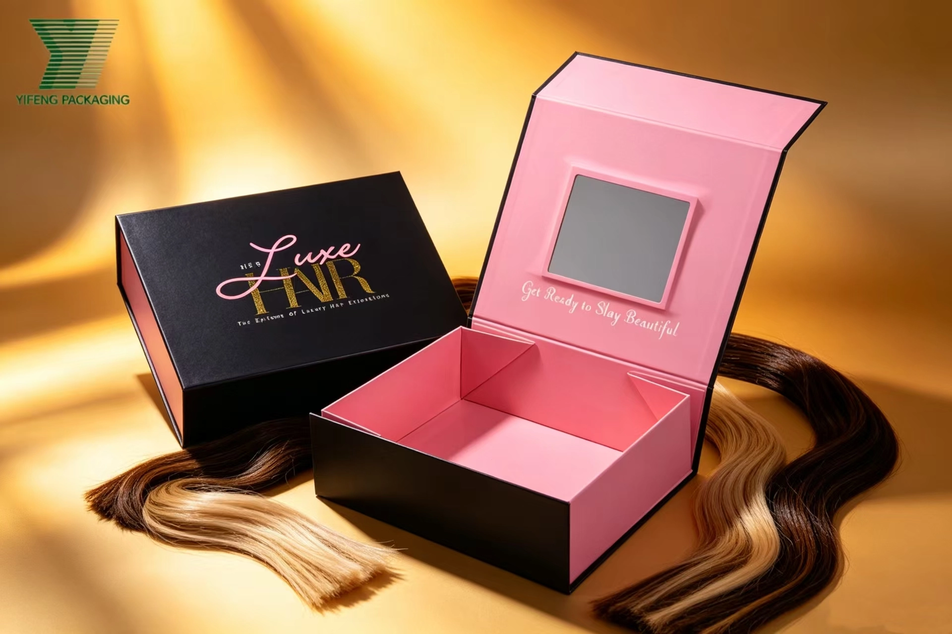 Luxury black and pink hair extension gift boxes with mirrors and hair samples. - Yifeng Packaging