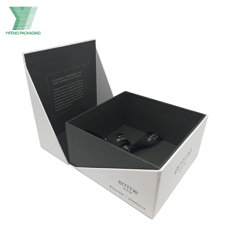 Open white and black custom magnetic gift box with Emme Hair branding. - Yifeng Packaging