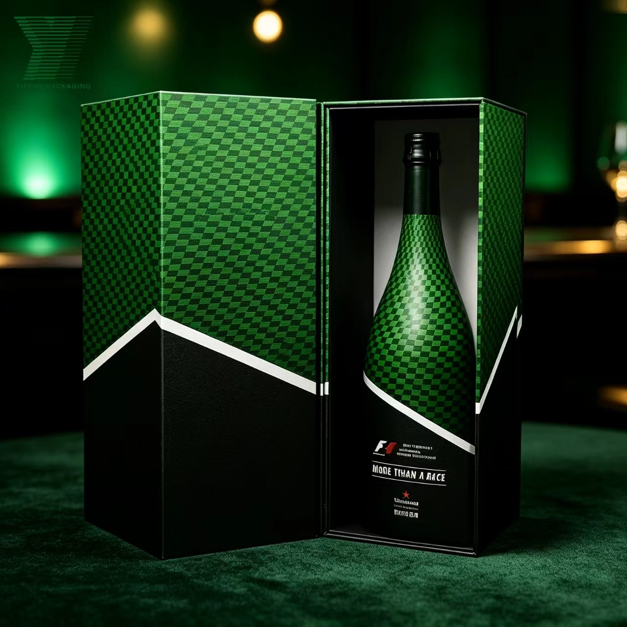 F1 themed green and black checkered champagne bottle in a matching gift box. - Yifeng Packaging