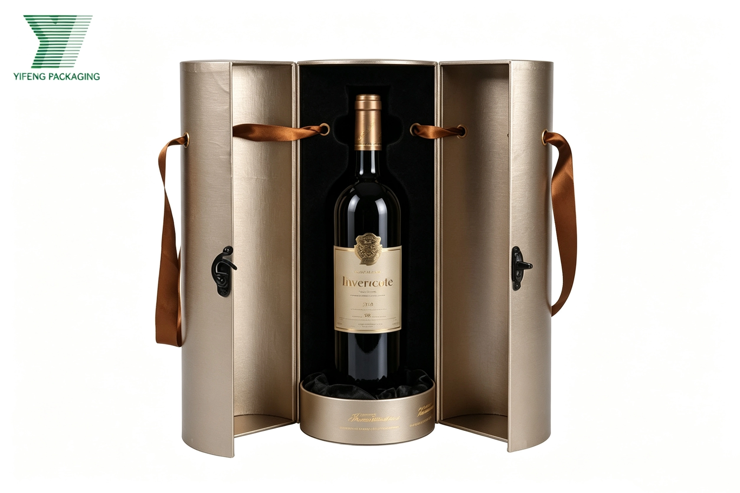 Luxury wine bottle in an open gold cylindrical gift box with ribbon handles. - Yifeng Packaging