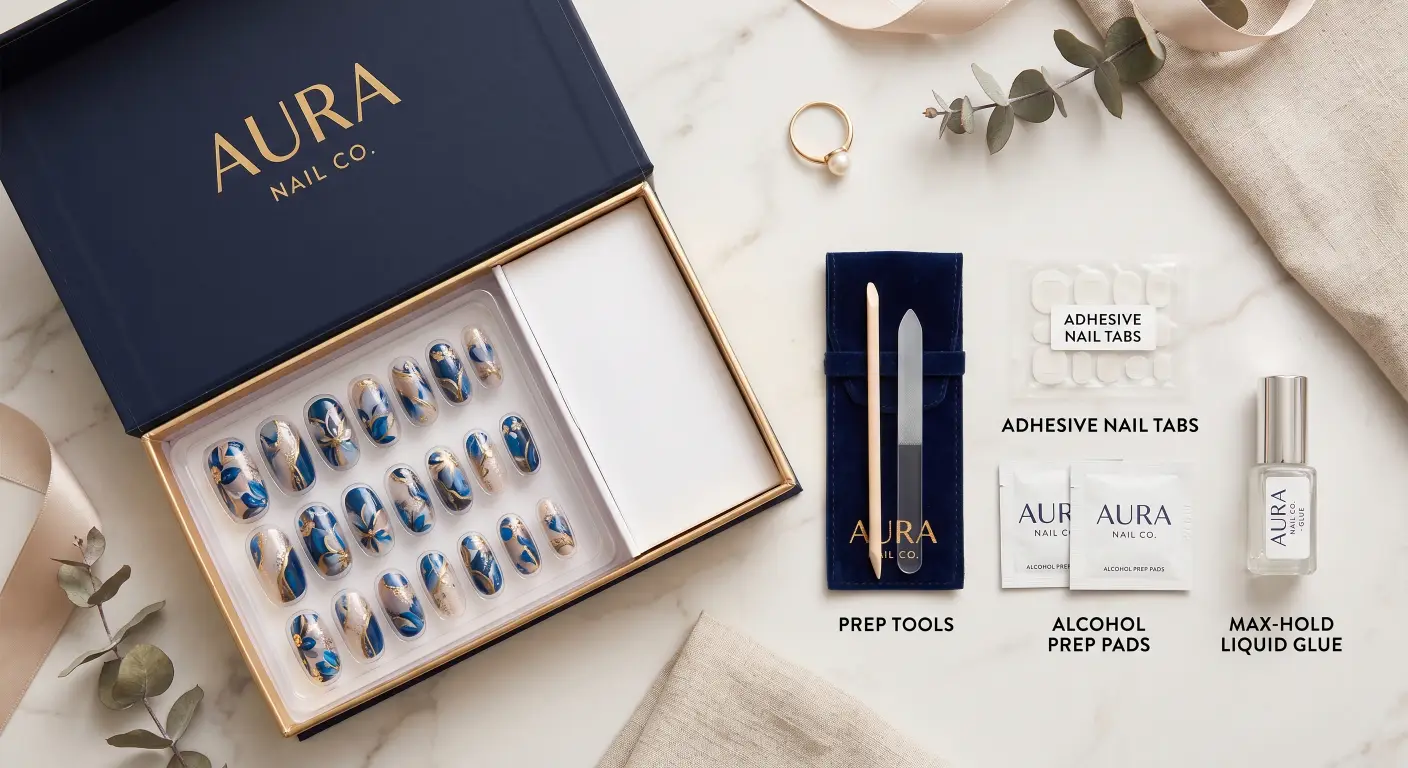 a branded, open press-on nail box, beautifully displaying the intricately designed nails resting next to a neatly arranged application toolkit.