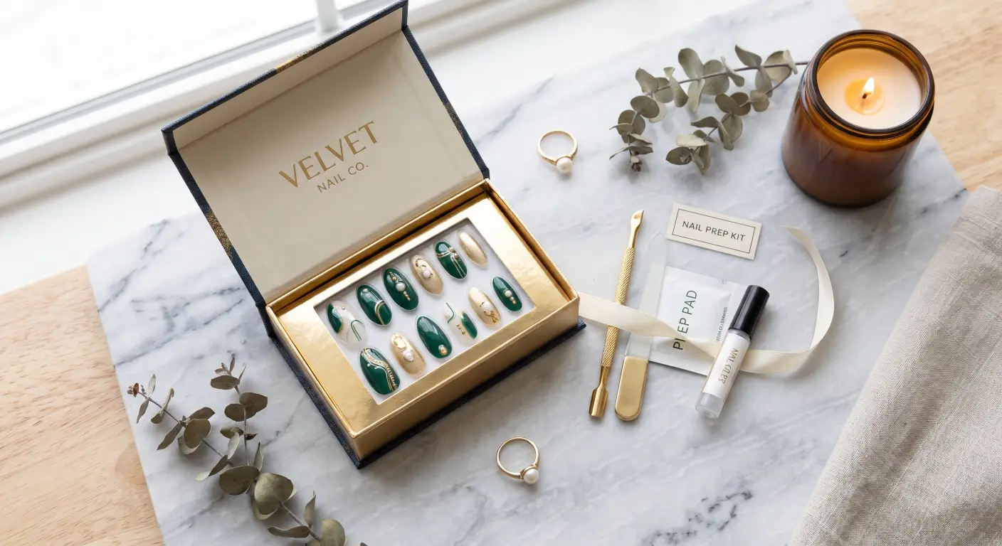 a branded, open press-on nail box, beautifully displaying the intricately designed nails resting next to the neatly arranged application toolkit components.