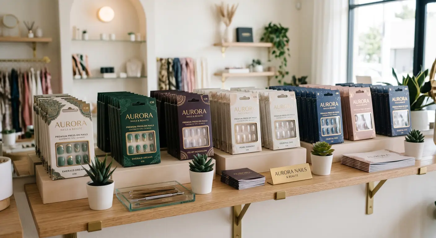 a chic beauty boutique display shelf, neatly lined with customized, elegantly packaged press-on nail boxes ready for retail purchase.