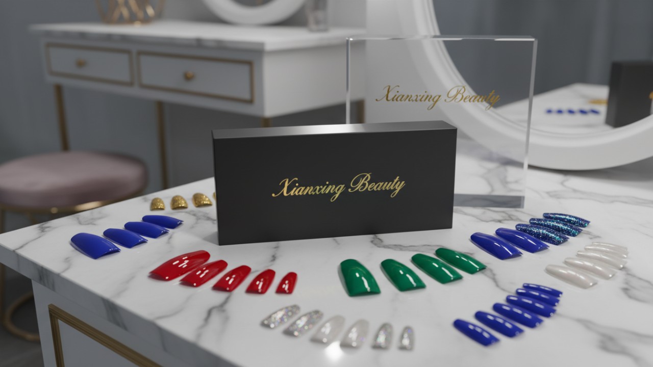 A collection of high quality press on nails in various shapes and colors displayed next to a Xianxing Beauty branded box on a marble surface