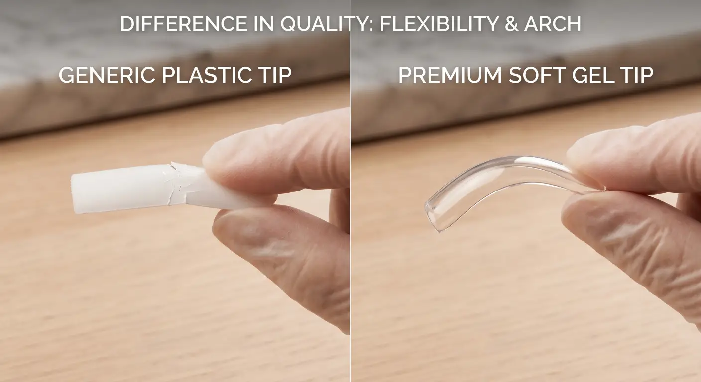 A comparison image contrasting high-quality, perfectly contoured soft gel nail tips with ordinary, flat, and brittle plastic nail tips.