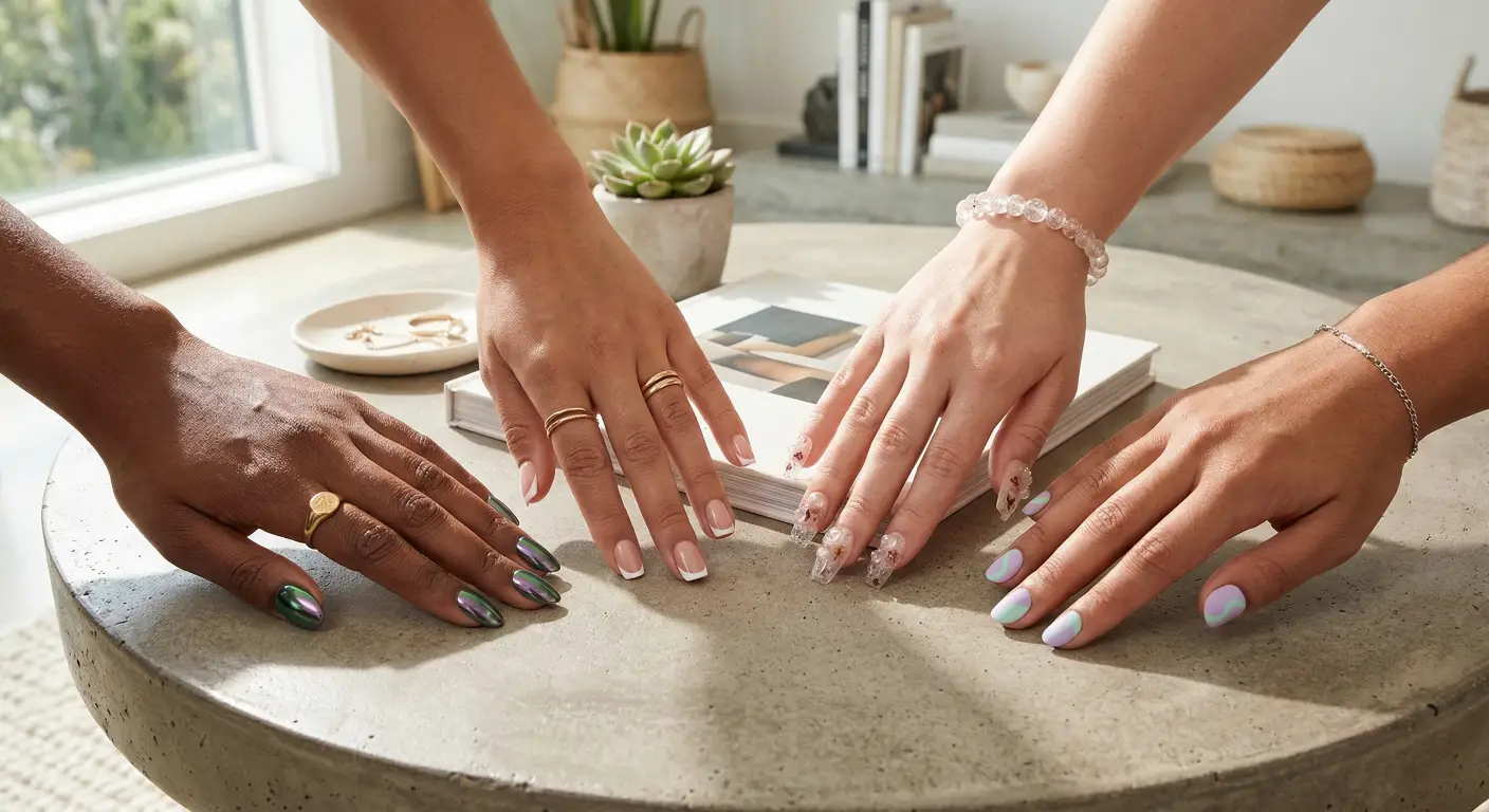 a diverse group of hands modeling various trendy press-on nail designs