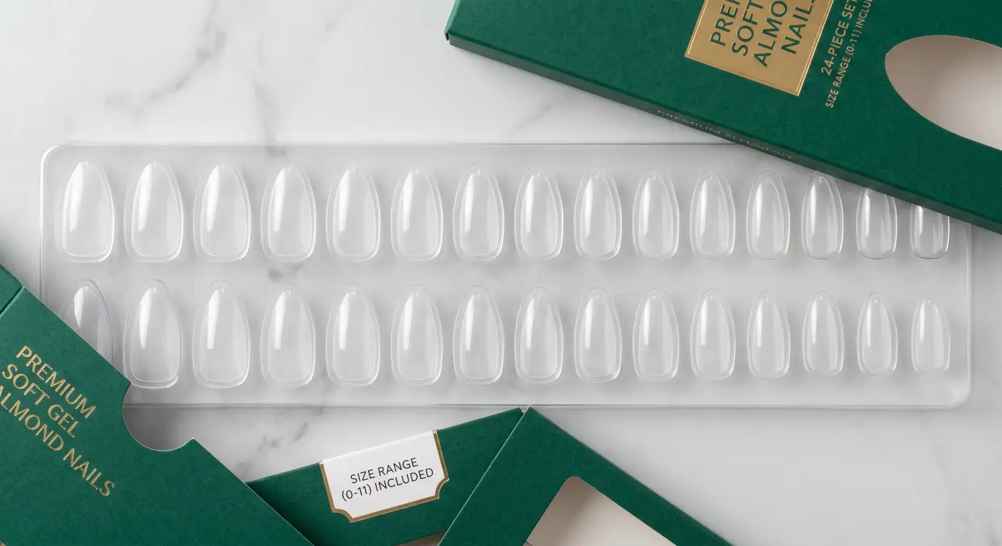 a full 24-piece set of almond-shaped nails spread out sequentially by size