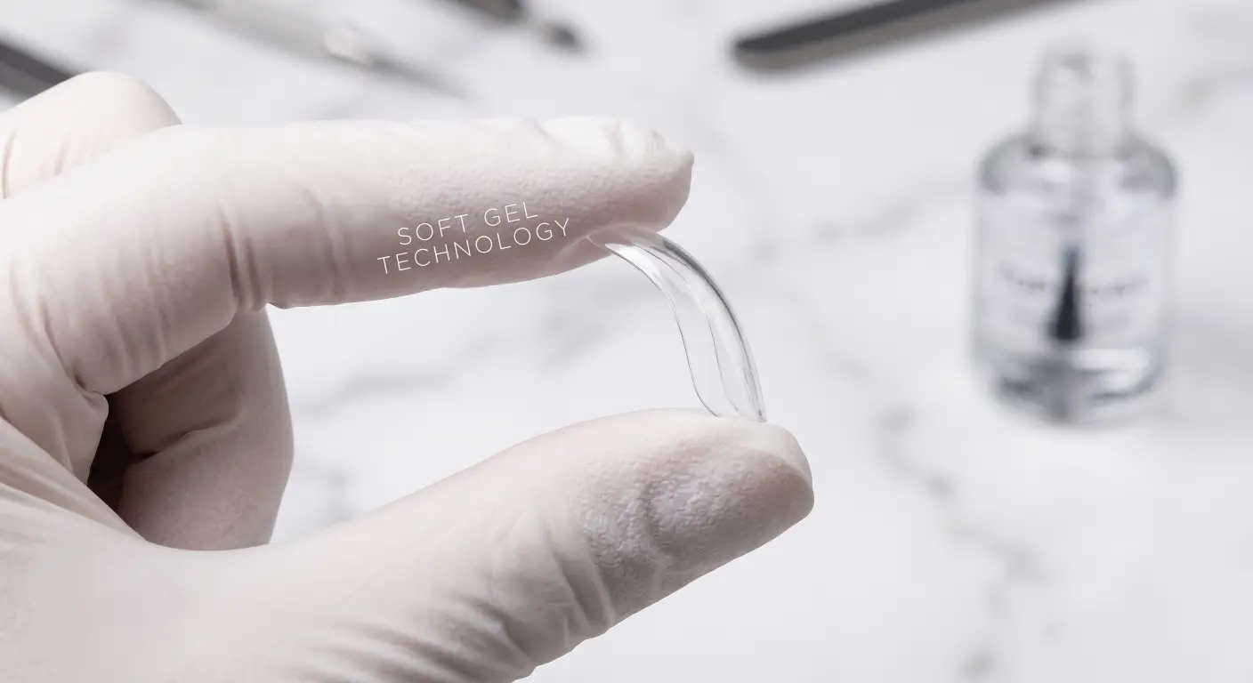 a gloved hand gently bending a transparent soft gel nail tip without it snapping or creasing.