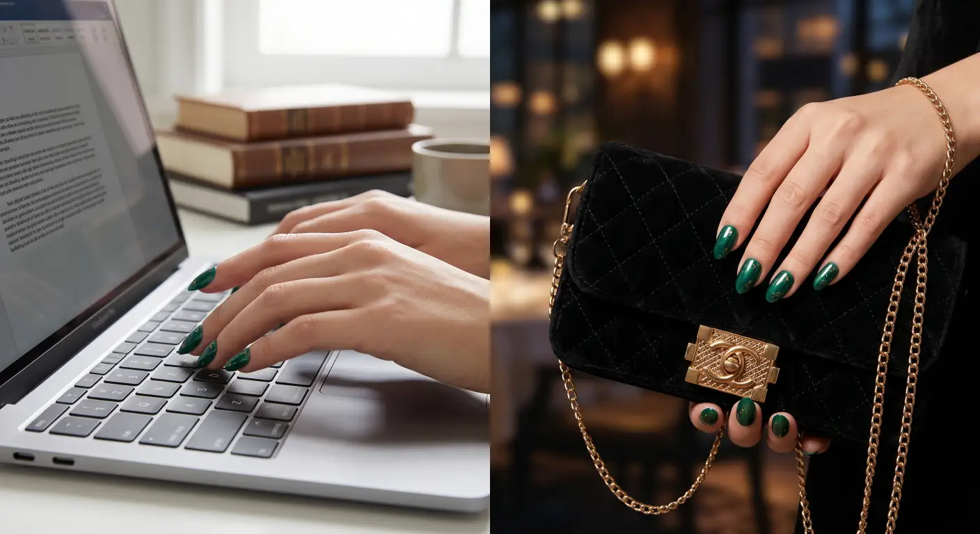 a hand wearing medium almond press-on nails typing on a laptop, and the same hand holding a luxury evening clutch