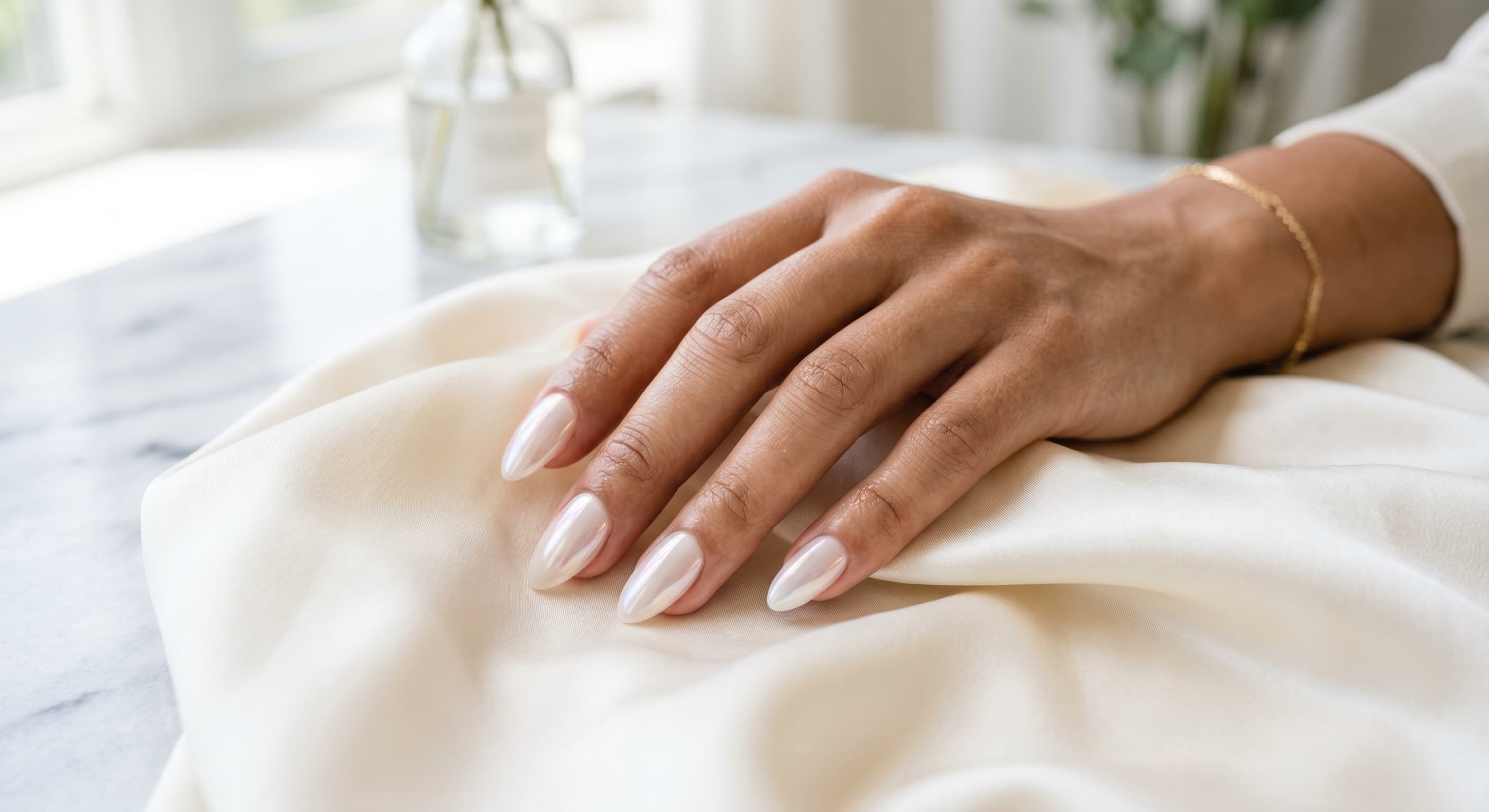 a hand wearing sheer, milky-white glazed donut almond press-on nails