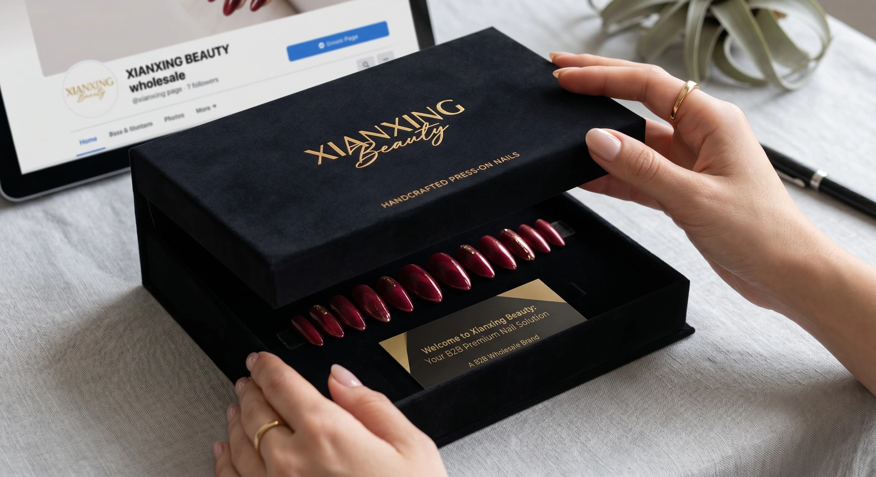 a high-end, matte-finish magnetic box revealing perfectly arranged almond press-on nails