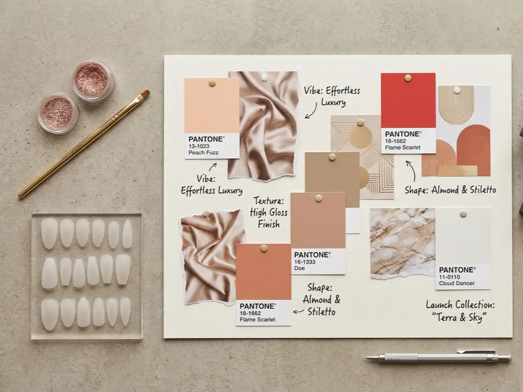 a mood board with Pantone color swatches, blank press-on nail tips a mood board with Pantone color swatches, blank press-on nail tips