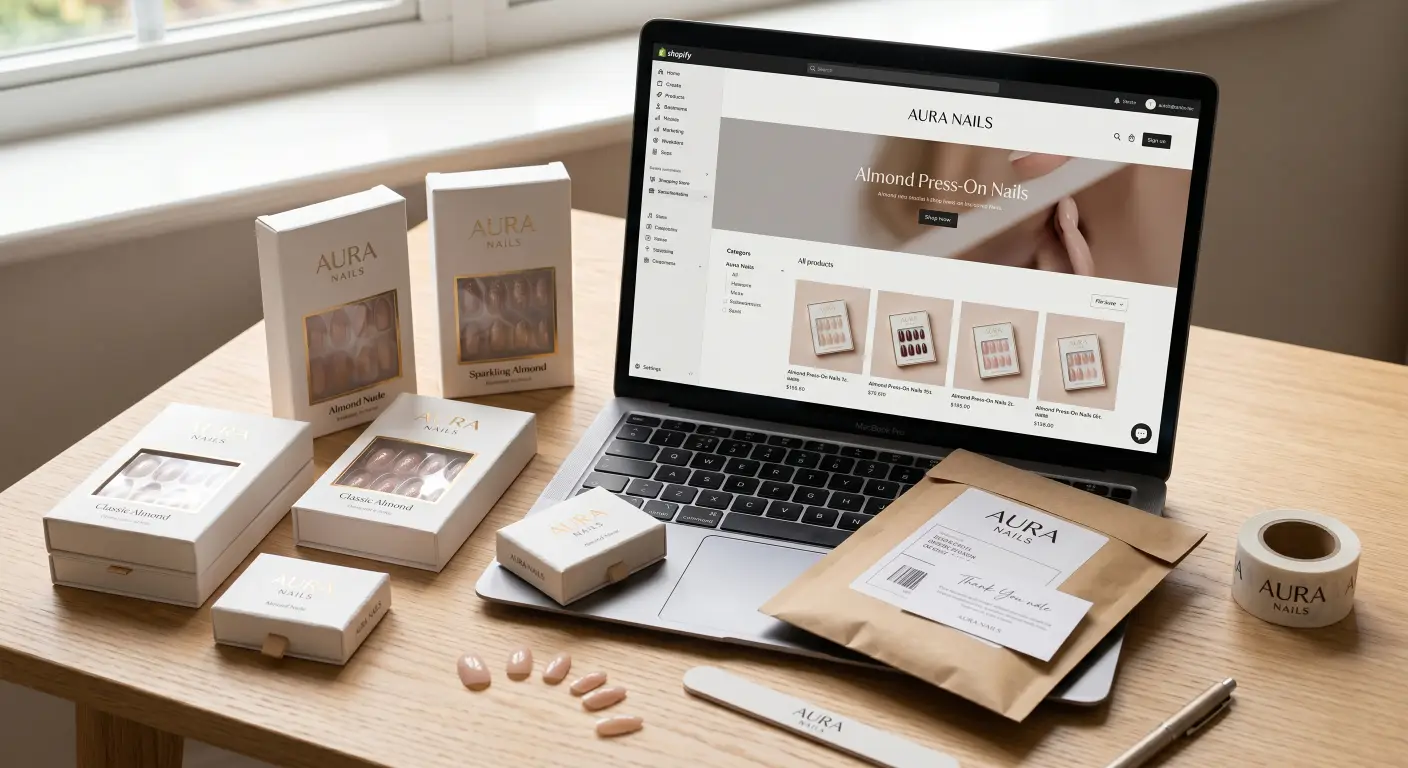 almond press-on nail boxes and shipping mailers resting next to the keyboard