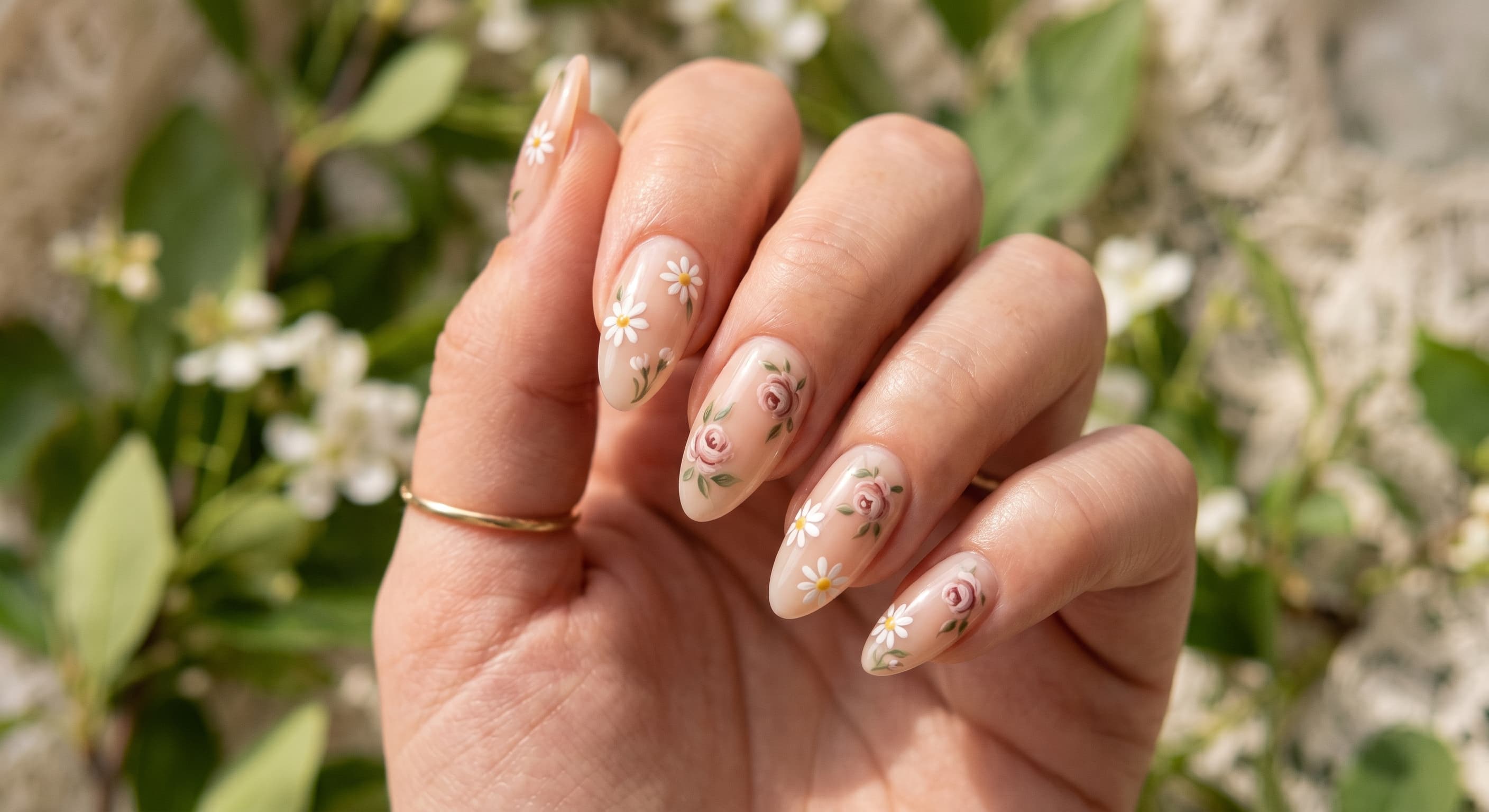 almond press-on nails featuring a sheer nude base coat adorned with delicate, hand-painted micro-florals like tiny daisies and vintage rosebuds